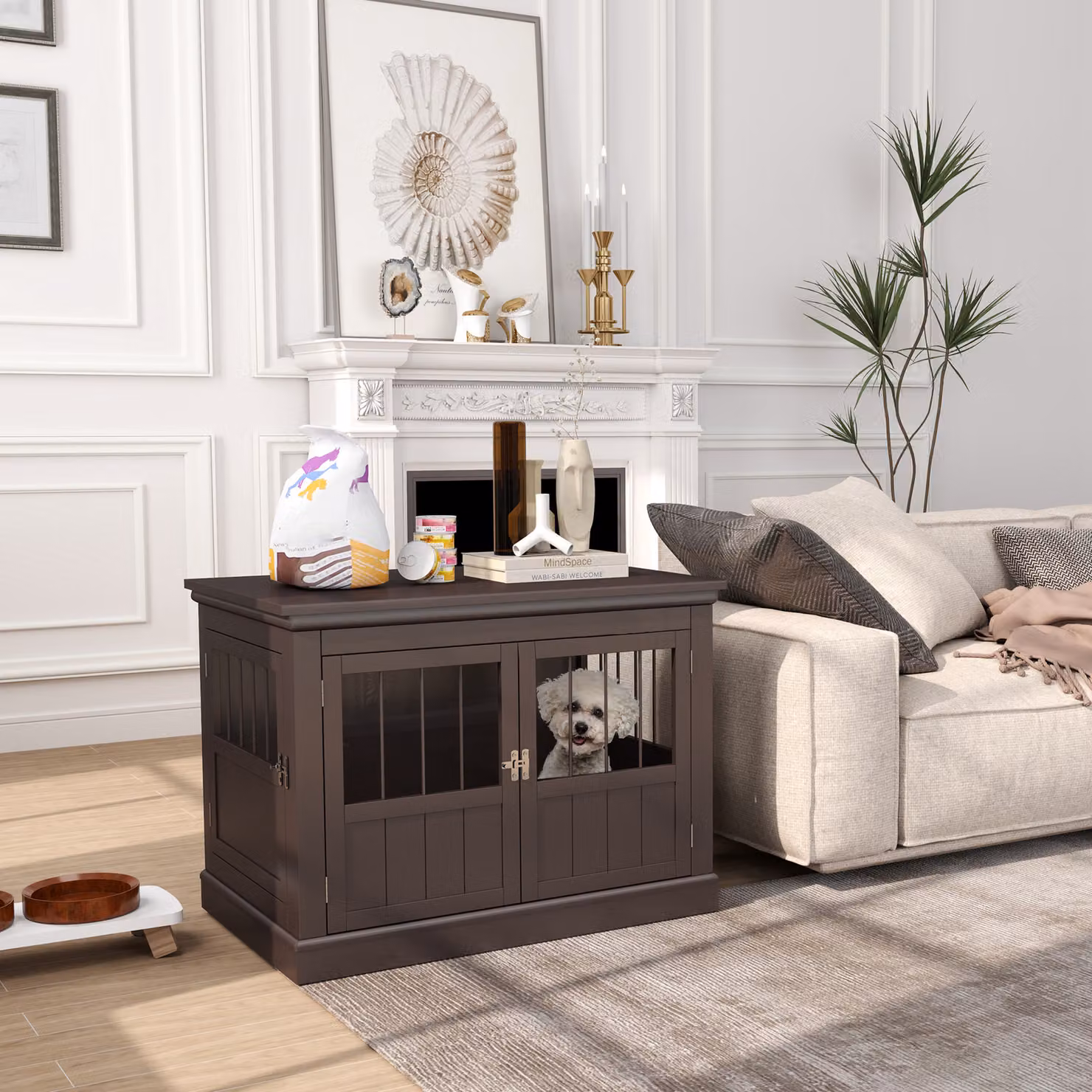 PawHut Gabbia per Cani Piccoli con Tavolino Moderno e 3 Porte alla Francese con Chiusura Magnetica, Colore Caffè, L: 78 cm, P: 53 cm, H: 59,3 cm – 2