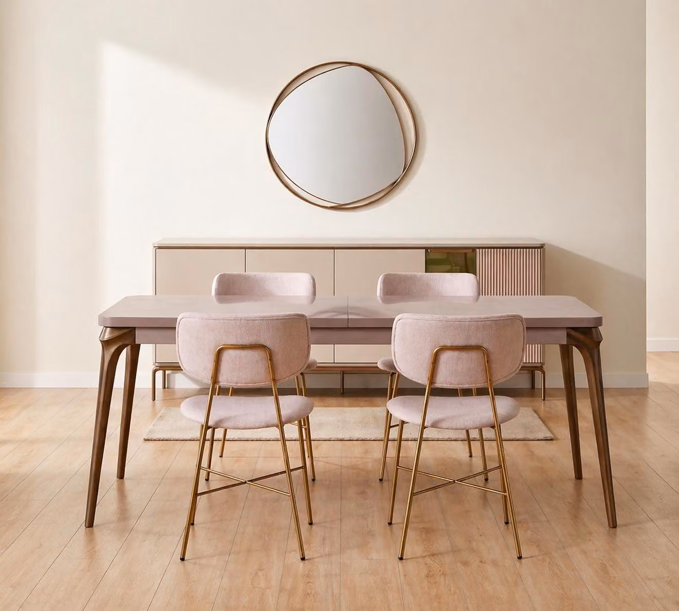 Set moderno composto da tavolo da pranzo, 4 sedie, consolle e specchio rotondo