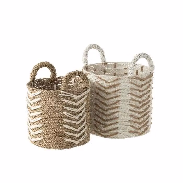 J-Line Set di 2 cestini Chevron Raffia Bianco/Naturale