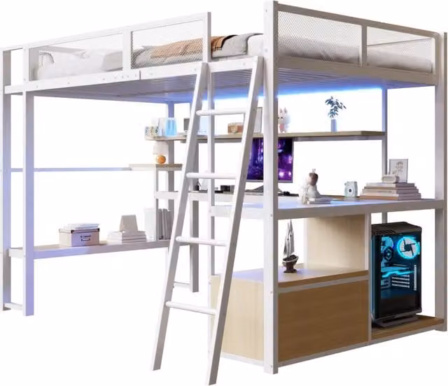 Letto a soppalco gaming bianco con scrivania integrata, luci LED sottobasso e porta USB, struttura in metallo e MDF per camera ragazzi, L/P/H: 200 x 140 x 176,4 cm
