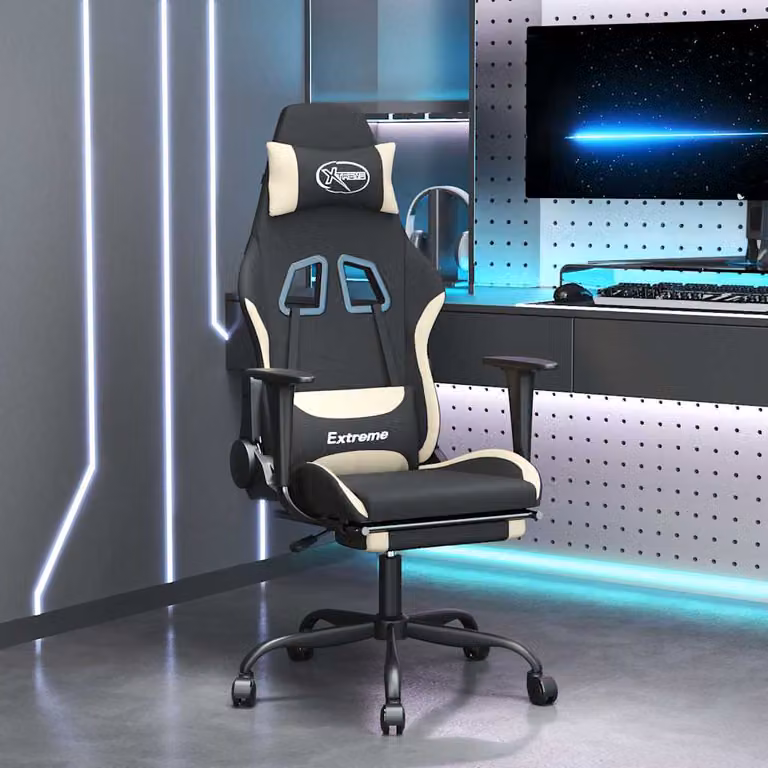 Sedia da Gaming vidaXL con Massaggio e Poggiapiedi in Tessuto, Colore Nero e Beige