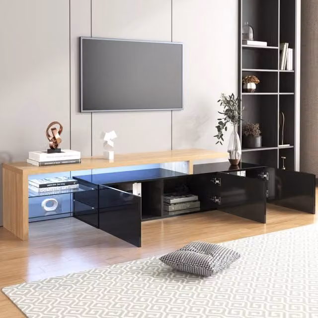 Mobile TV moderno WISHDOR con illuminazione LED integrata, ripiani in vetro e 3 vani contenitore, nero lucido e effetto legno, L: 197,5 cm, P: 39,0 cm, H: 42,0 cm