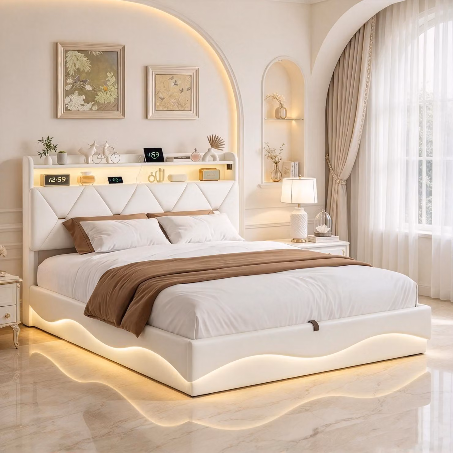 Letto imbottito INONEFT 160x200 cm con LED e USB, letto con sistema di sollevamento idraulico e rete a doghe, moderno letto a molle per la camera da letto, in velluto, color beige