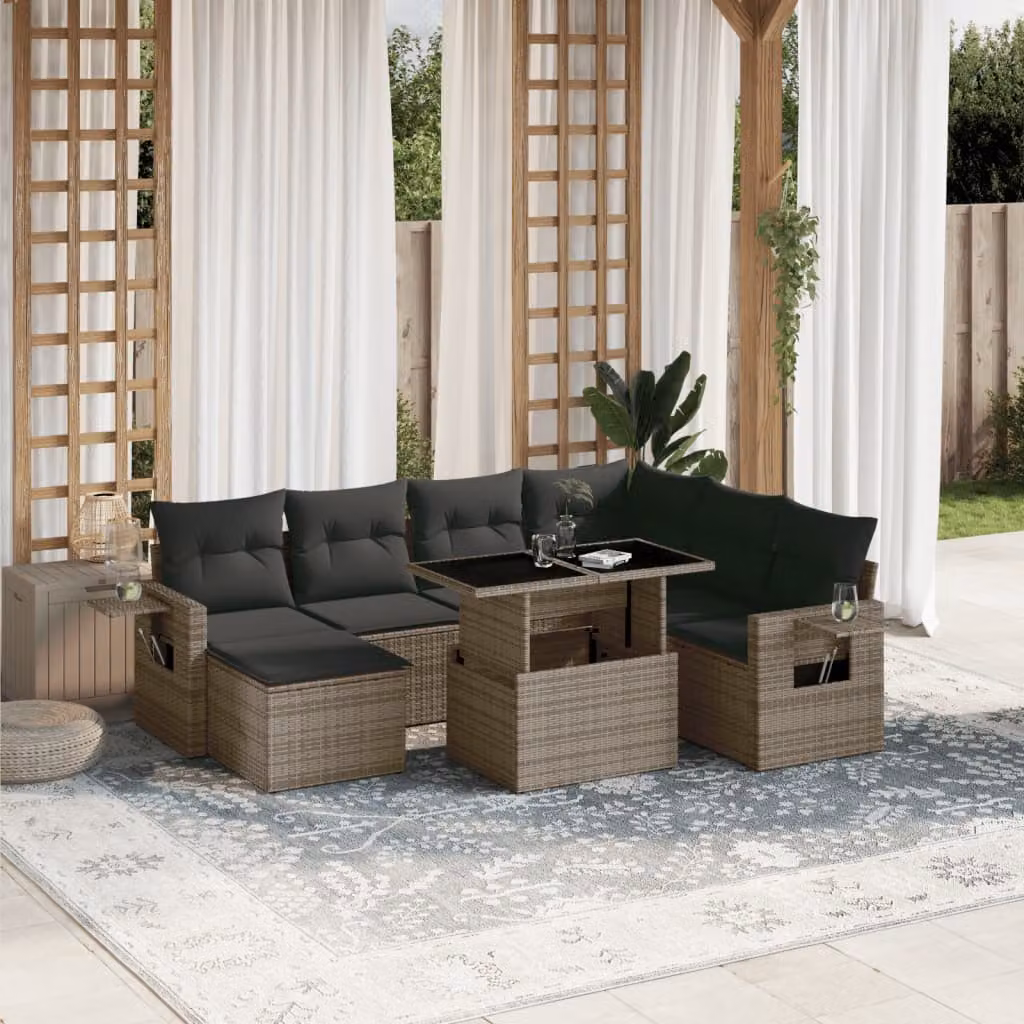 vidaXL Set Divano da Giardino 8 pz a Forma di L in Polyrattan Grigio con Cuscini Imbottiti e Tavolino – 1