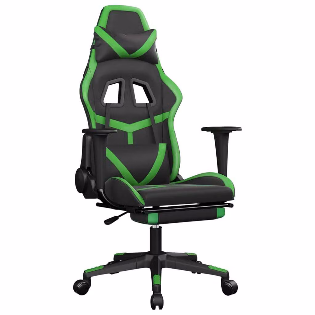 Sedia da Gaming con Poggiapiedi Nero e Verde in Pelle finta
