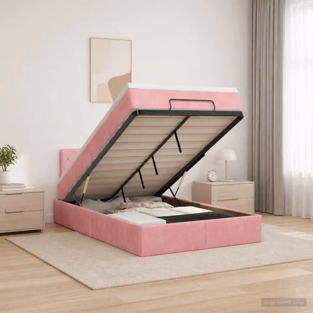 Letto ottomano con materasso ibrido vidaXL in velluto rosa e bianco L/P/H: 200 x 120 x 88 cm – 1
