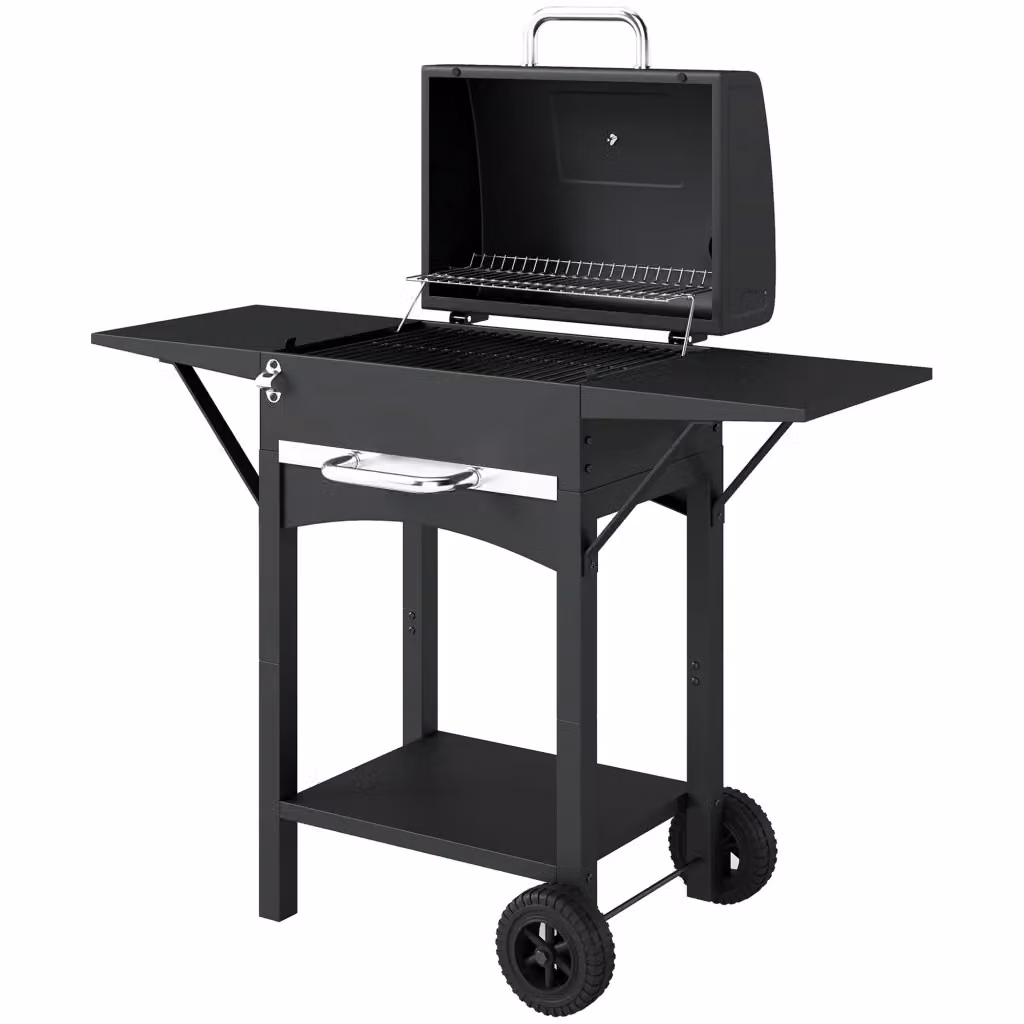 Barbecue a carbone Xylo nero con termometro, griglia riscaldante e ruote, L: 110 cm, P: 46.5 cm, H: 101 cm – 2