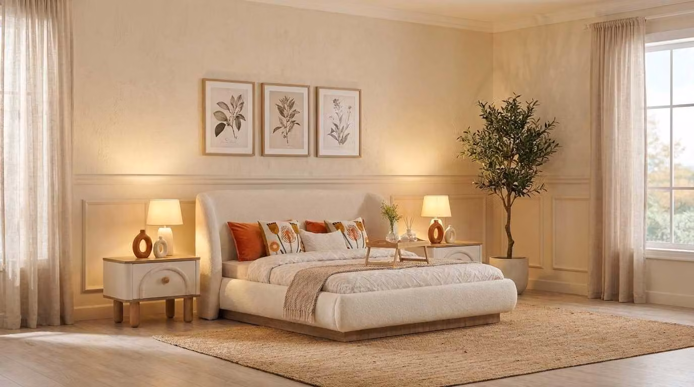 Due comodini, set beige, design moderno, lussuosi, imbottiti, per letto matrimoniale