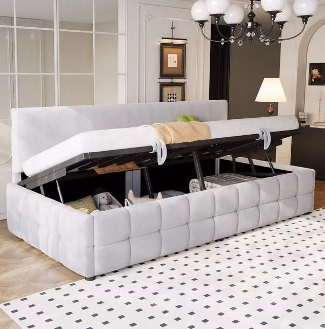 Letto singolo imbottito 90 x 200 cm con contenitore idraulico; velluto grigio chiaro