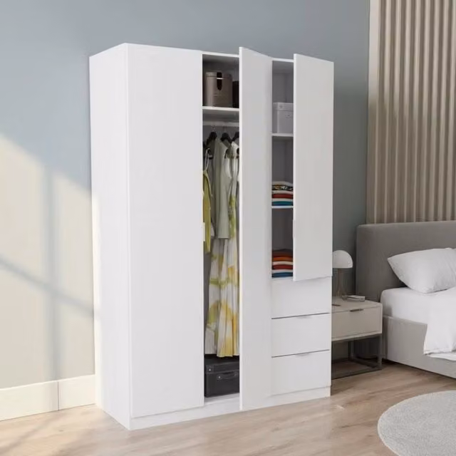 Armadio Ade DMORA per camera da letto con 3 ante e 3 cassetti, Bianco opaco, L: 135 cm, P: 52 cm, H: 200 cm – 1