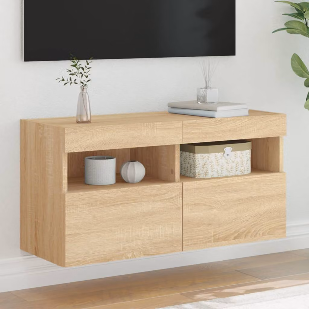 Mobile TV a parete vidaXL con luci LED integrate, Rovere Sonoma, L 80 cm x P 30 cm x H 40 cm