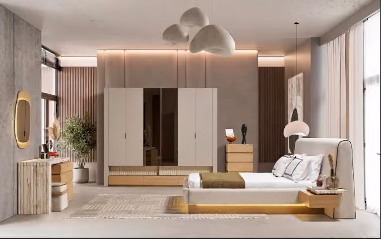 Set per camera da letto: letto, armadio, comodino, specchio, poggiapiedi. Stile moderno, colore beige, design elegante