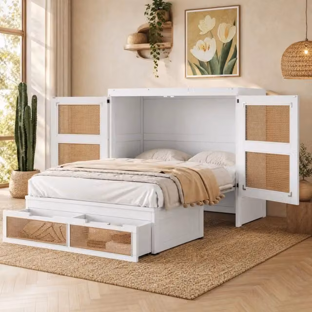 Letto a scomparsa 140x200 cm con rete a doghe, design in rattan, struttura in legno bianca con cassetti portaoggetti