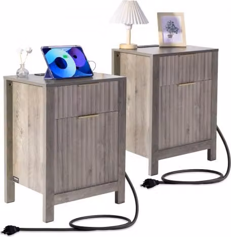 Set di 2 Tavolini da Salotto VEVOR in Stile Country House Grigio con Porte USB, 3 Ripiani e 2 Cassetti per Soggiorno, Camera da Letto o Ufficio