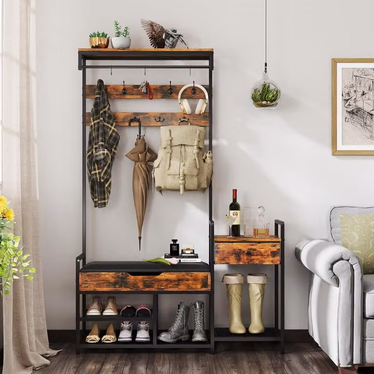 Appendiabiti da terra Costway in stile industriale con panchina e scaffale per scarpe, colore Marrone Rustico, Altezza: 178 cm