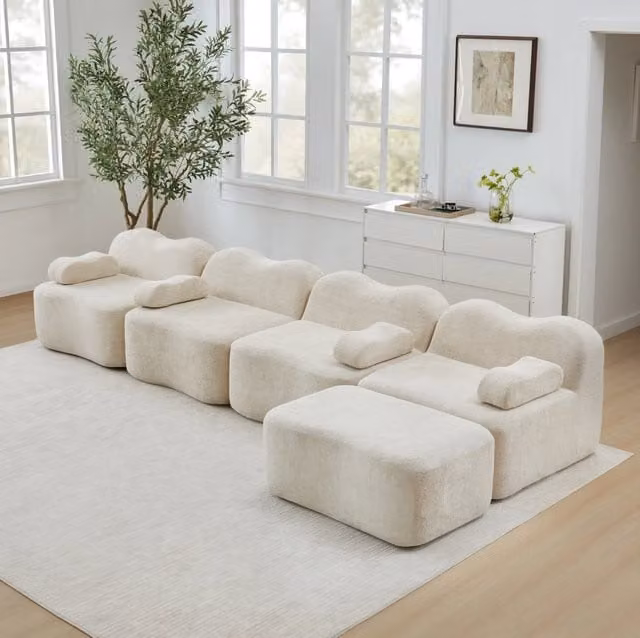Divano angolare modulare 4 posti con pouf in velluto e schiuma 32D; beige