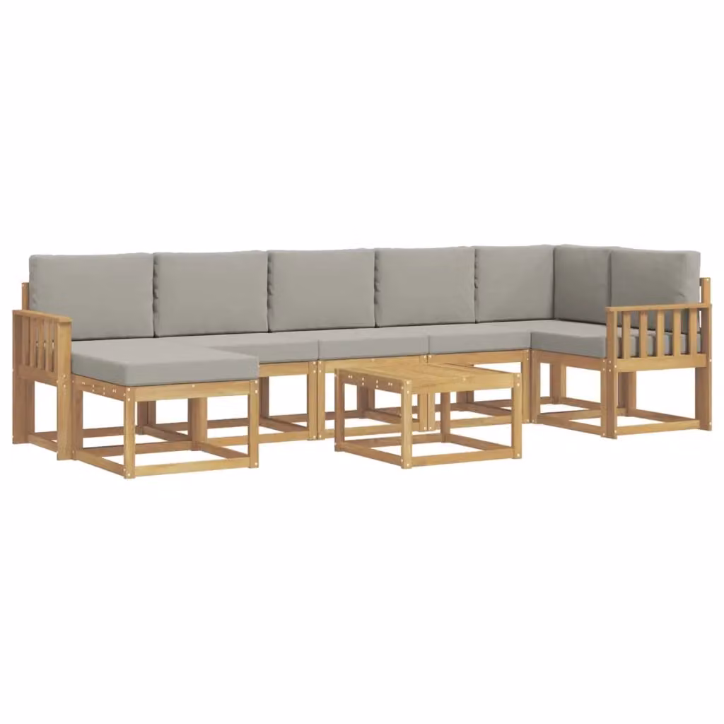 Set di divani da esterno vidaXL a forma di L con tavolo da caffè e pouf, 8 pezzi, Bianco e Grigio, in legno di acacia trattato con cuscini inclusi – 2
