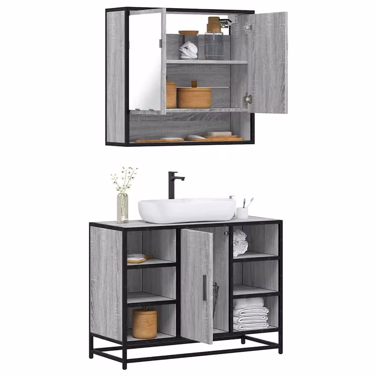 Set Mobili da Bagno 2 pz vidaXL in Stile Industrial con Mobile Lavabo e Armadietto Specchio Grigio