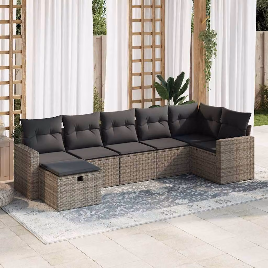 Set di divani da giardino vidaXL in polyrattan grigio con cuscini, composizione a L con elementi angolari, poltrone e pouf
