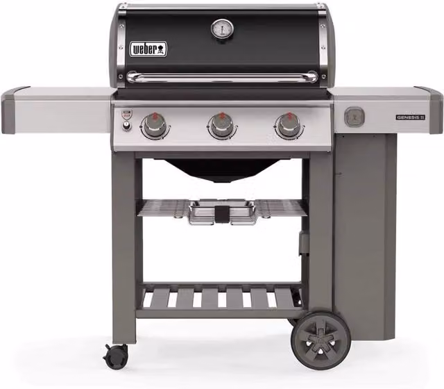 Barbecue a gas Weber Genesis E-310 GBS in acciaio nero con ruote girevoli e termometro