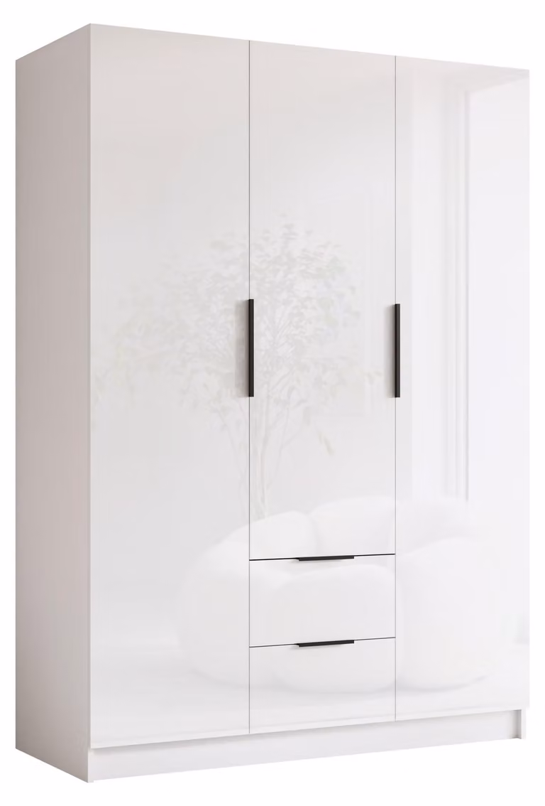 MIRJAN24 Armadio Calwi I 150, camera da letto, armadio a ante battenti, con asta appendiabiti, moderno, guardaroba, maniglie in metallo (colore: bianco / bianco lucido + nero)