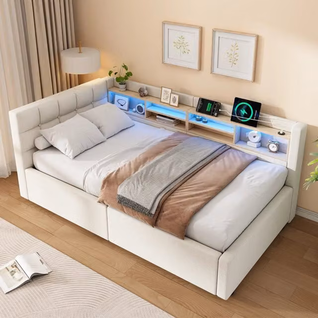 Letto contenitore 140x200 cm con apertura idraulica laterale LED USB e scaffale; pino MDF lino; bianco