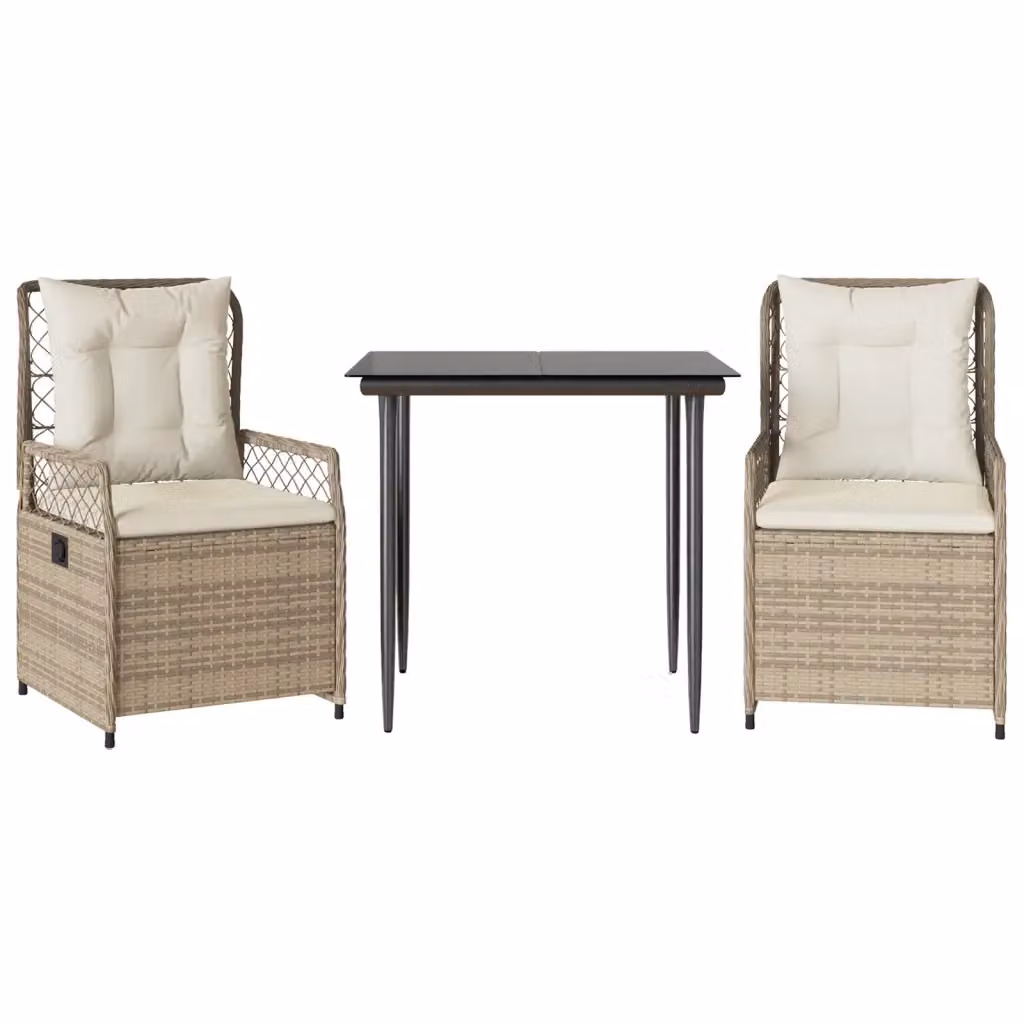 Set da Pranzo da Giardino 3 pz vidaXL in Polyrattan con Cuscini Beige e Tavolo in Vetro – 2