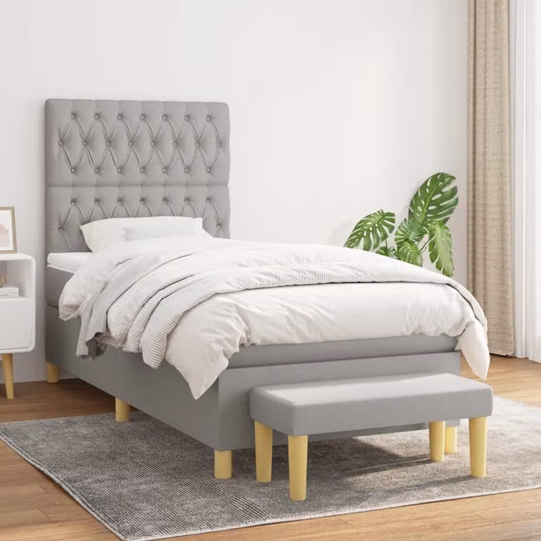 The Living Store Letto a molle con materasso grigio chiaro 90x200 cm in tessuto