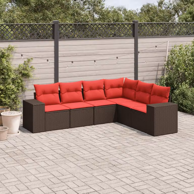 Set di divani da giardino vidaXL in polyrattan marrone con cuscini, composizione a L per 6 persone
