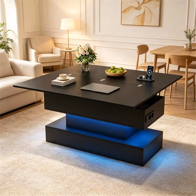 Tavolino basso alzabile Mivray con piano idraulico, vano contenitore, LED e prese laterali, nero, L: 100 cm, P: 50 cm, H: 51.5 cm