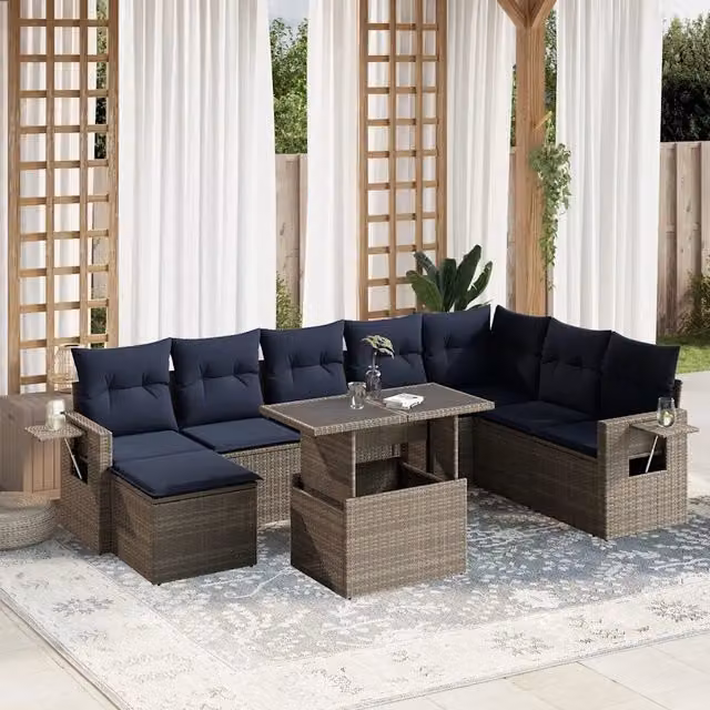 Set di Divani da Giardino 9 Pezzi vidaXL in Polyrattan Grigio con Cuscini e Tavolino da Esterno – 1