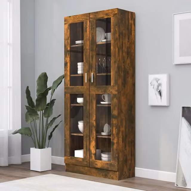 Mobile Vetrina vidaXL in Rovere Marrone con Ante in Vetro e Ripiani Interni L: 82,5 cm, P: 30,5 cm, H: 185 cm