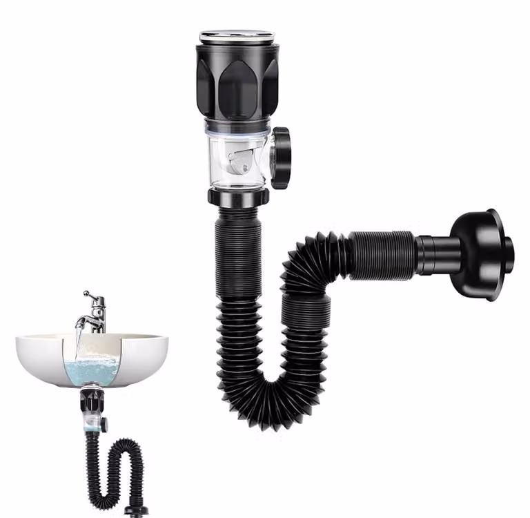 Kit di scarico per lavabo con troppofilo - Sifone flessibile nero