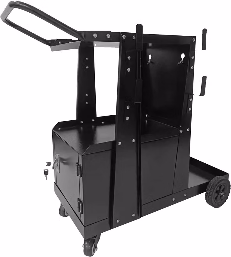 Carrello per saldatrici, realizzato in ghisa, con una capacità di carico di 100 kg, dimensioni 60 cm x 40 cm x 90 cm, compatibile con saldatrici MIG/TIG e taglierine al plasma, dotato di ganci e catene di sicurezza