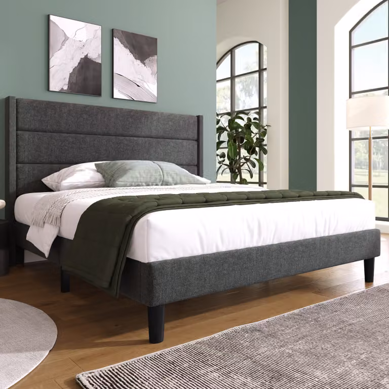 Letto imbottito Flieks 140x200cm con rete a doghe e testata, struttura letto matrimoniale tessuto di lino giovanile, grigio