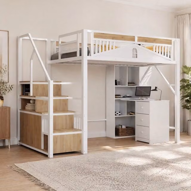 Letto a soppalco 140x200 cm bianco metallo e legno con scala contenitore