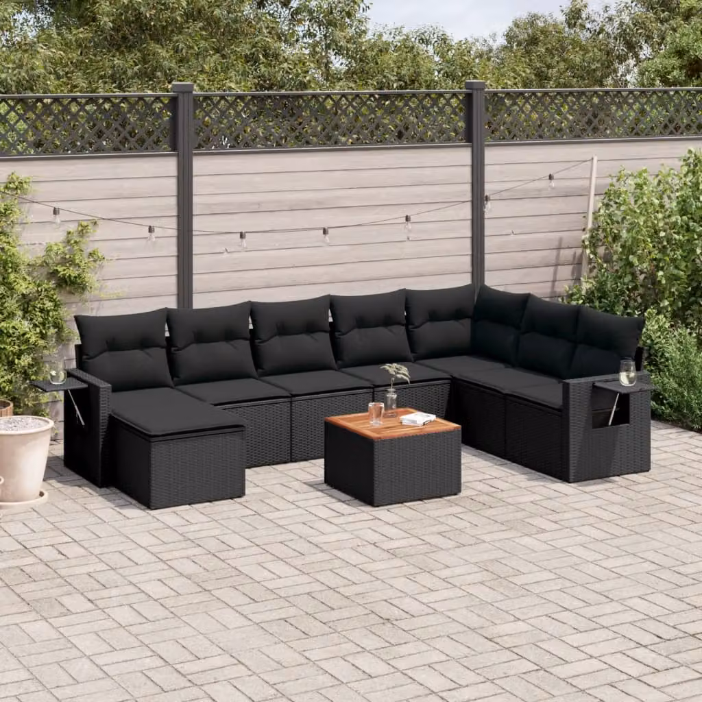 vidaXL Set Divani da Giardino 9 pz in Polyrattan Nero con Cuscini e Tavolino da Esterno – 1