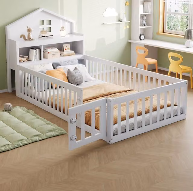 Letto per bambini 90x200 cm a casetta con contenitori e lavagna in legno bianco