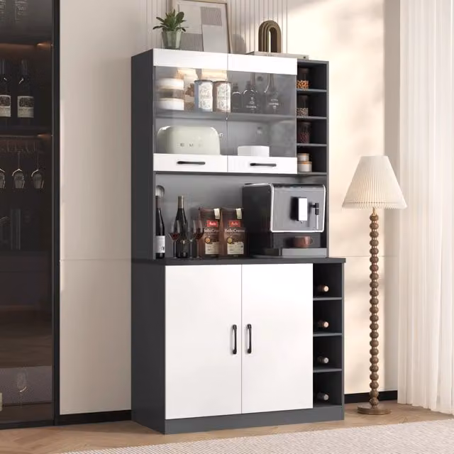 Credenza moderna WISHDOR per cucina e soggiorno, bianco e grigio, con illuminazione integrata e ripiani interni, L 100 x P 47 x H 187 cm