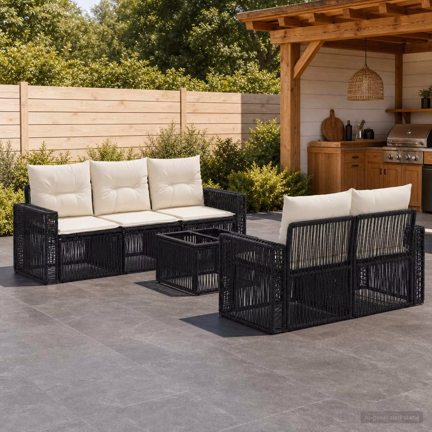 Set Divano da Giardino vidaXL 6 Pezzi Moderno a Forma di L con Tavolino Nero e Cuscini Imbottiti