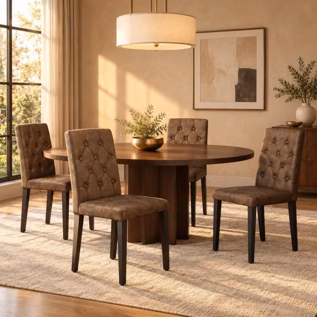 Set 4 sedie da pranzo ULEVR 89 cm in tessuto effetto velluto marrone, schienale trapuntato e gambe in metallo nero