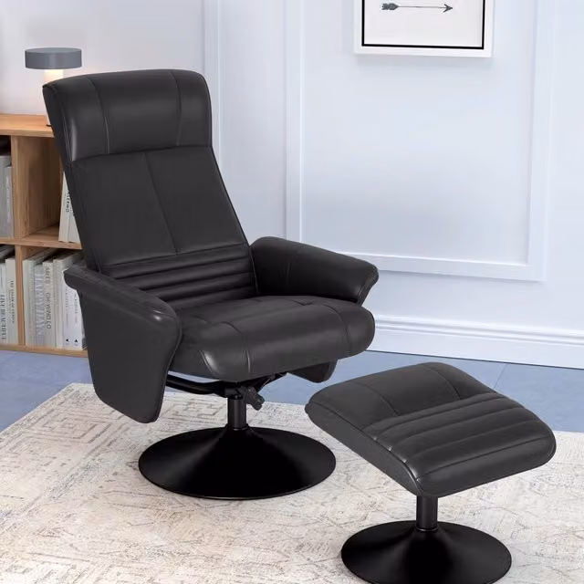 Poltrona Relax REDOM reclinabile girevole a 360 gradi con poggiapiedi, rivestimento in ecopelle e tessuto, colore nero, L: 69 cm, P: 71 cm, H: 104 cm – 1