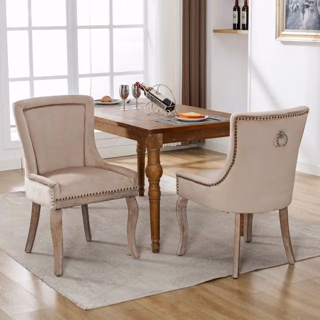 Sedie da Pranzo Imbottite in Velluto con Gambe in Legno Massello ¨C MINIMAL ¨C Beige, Set 2 Pezzi