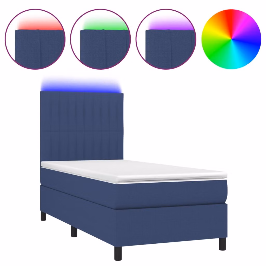Letto a Molle con Materasso e LED Blu 100x200cm in Tessuto