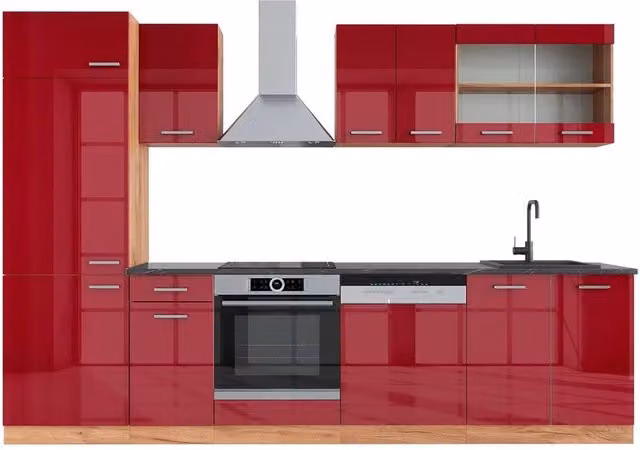 Cucina componibile moderna R-Line Vicco, Rosso lucido e Rovere dorato con piano Antracite, L: 300 cm