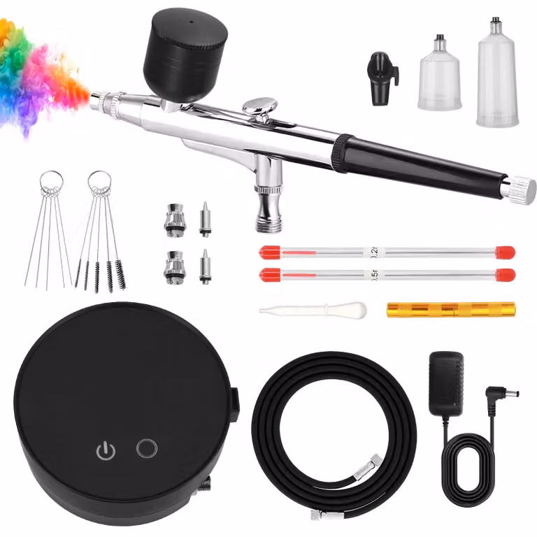 Kit per aerografo completo di compressore, con 3 livelli di pressione e 3 ugelli da 0,2–0,5 mm