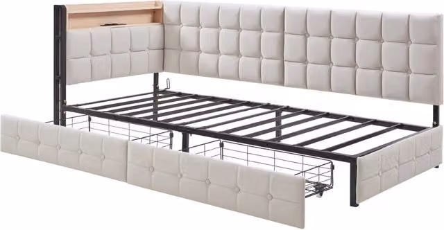 Divano Letto Imbottito 90x200 cm con 2 Cassetti, Lampada LED con USB e Tipo-C, Letto Polifunzionale Beige