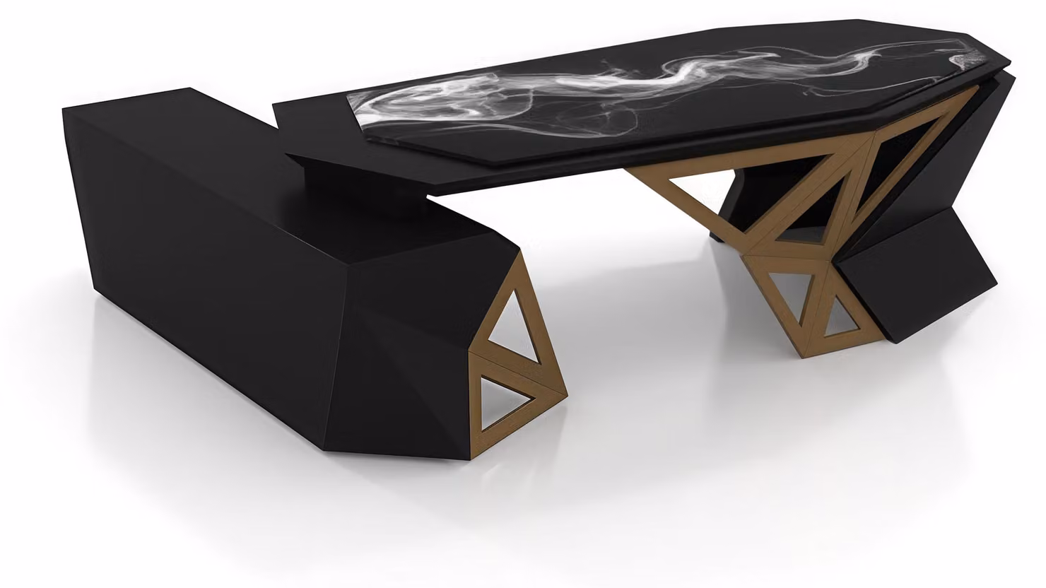 Scrivania moderna, design elegante, nera e dorata, con spazio contenitivo