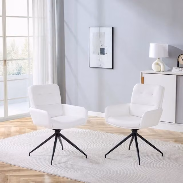 Desviae Sedia da pranzo girevole 360° con schienale capitonné, PU e gambe in metallo nere, bianco e nero, 85 cm