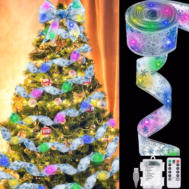 Catena luminosa a LED, 10 metri, 100 LED, a forma di fiocchi di neve, flessibile, con telecomando